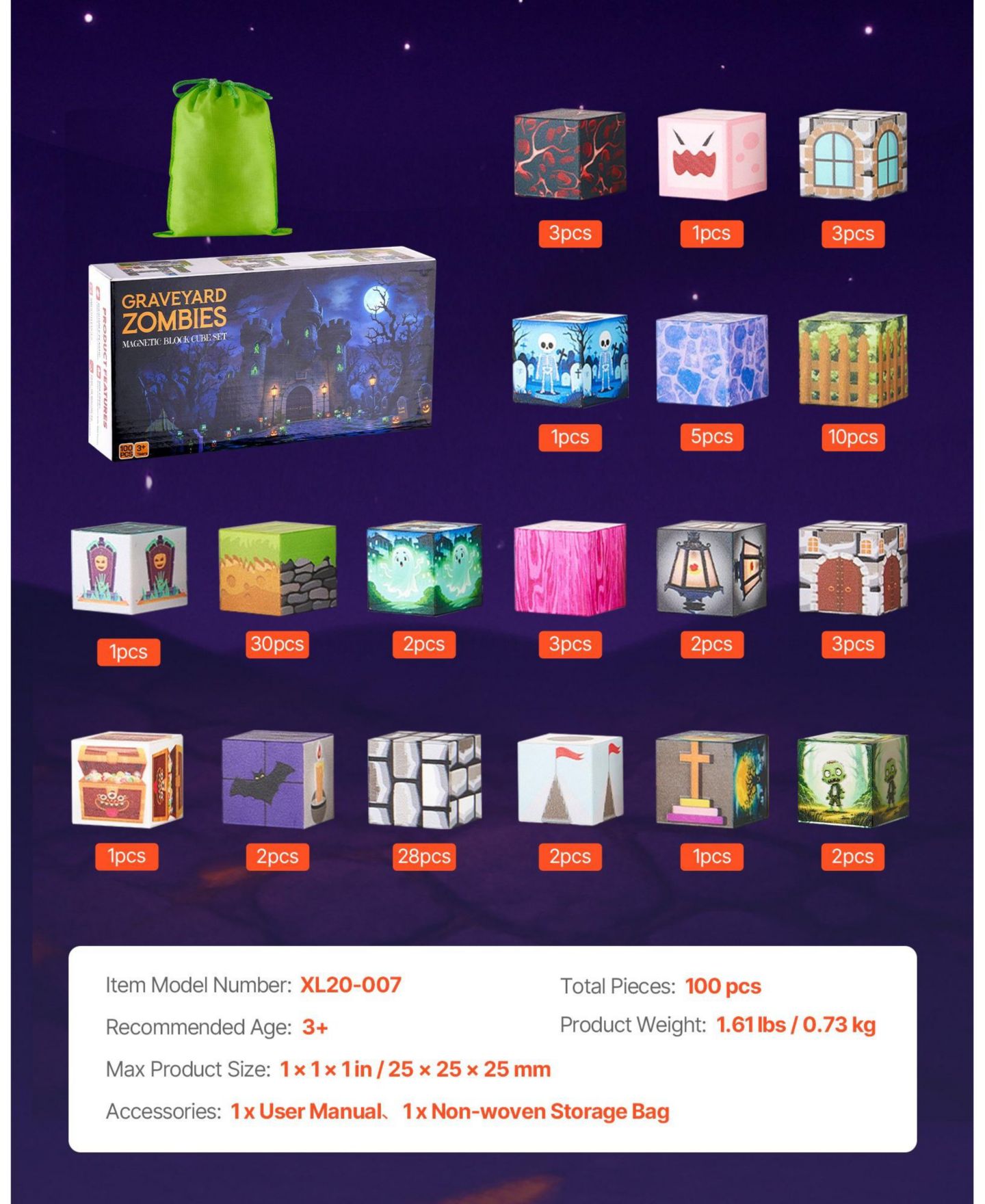 Детские конструкторы HONGGE Zombie Theme Magnetic Building Blocks 100-Piece Set, Ages 3+, цвет: Чёрный — фото 4