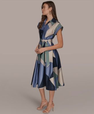 Women's Cap-Sleeve Spread Collar Geometric Colorblock Midi Shirt Dress