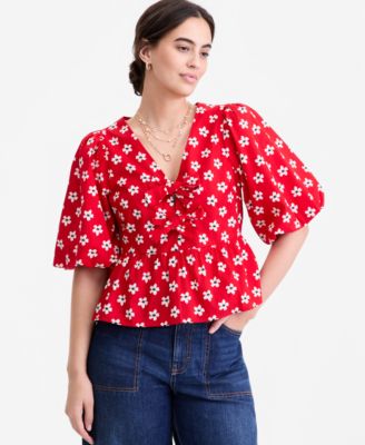 Women's  Puff-Sleeve Tie-Front Peplum Blouse