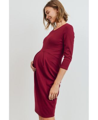 Maternity 3/4 Sleeve Round Neck Front Pleat Dress