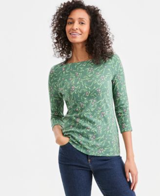 Women's Printed Pima Cotton 3/4-Sleeve Boat-Neck Top