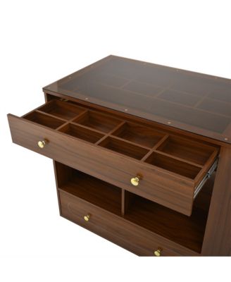 Walnut Closet Island with Drawers, Glass Top, Shelves & Jewelry Storage