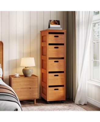 Slim Vertical Tower Unit with Wheels, Tall Narrow Wood Organizer Tower, Walnut Brown