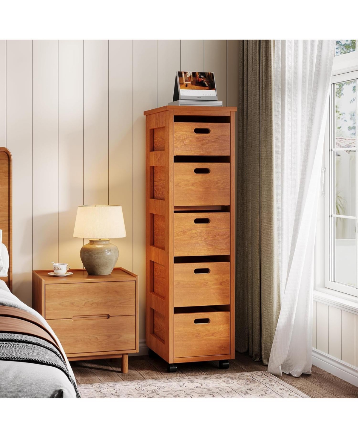 Tribesigns Slim Vertical Tower Unit with Wheels, Tall Narrow Wood Organizer Tower, Walnut Brown