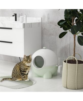 Large Hooded Cat Litter Box with Lid - Includes Scoop, Leak-Proof Sand Pedal & Top Carry Handle, Light Green