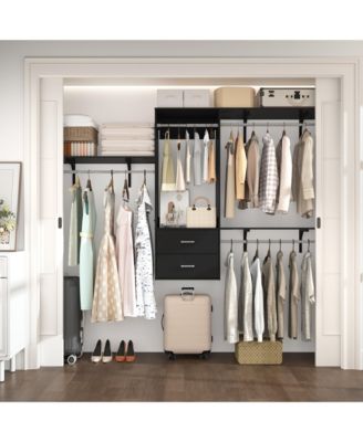 96 Inch Wall Mounted Closet Organizer System with 3 Shelves and Rods, Closet Rack with 2 Drawers
