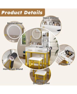Makeup Vanity with LED Lights, Power Outlet, Drawers & Chair (White
