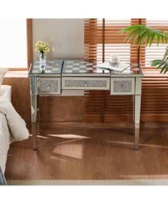 Mirrored Vanity Desk, Crushed Diamond Inlay, Flip-Top Mirror, Silver