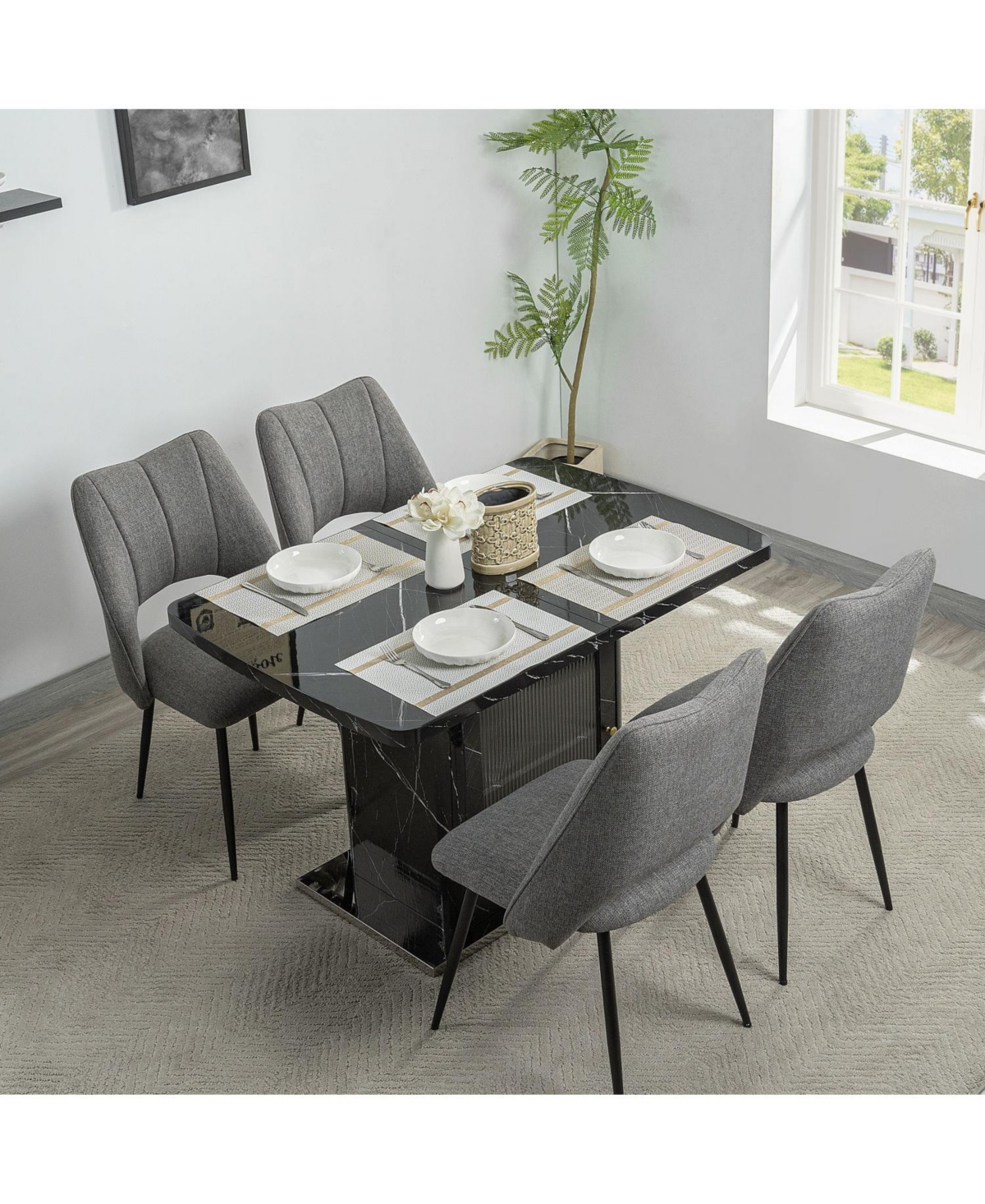 Streamdale Furniture Modern Extendable Black Marble Dining Table with Storage