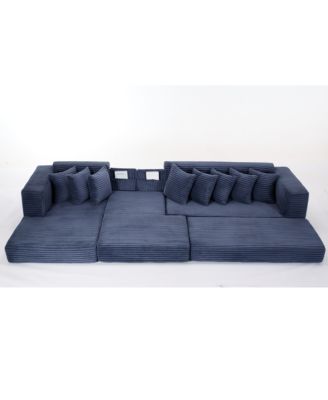 Streamdale Oversize Cloud Couch L-Shape Sleeper Sofa Bed, 8 Pillows, Corduroy, Blue