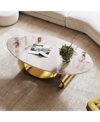 49" Faux Marble Oval Coffee Table, Gold Base