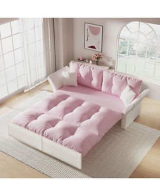  Queen Pull Out Sofa Bed, 3-in-1 Convertible Sleeper, Tufted Velvet Loveseat, Pink