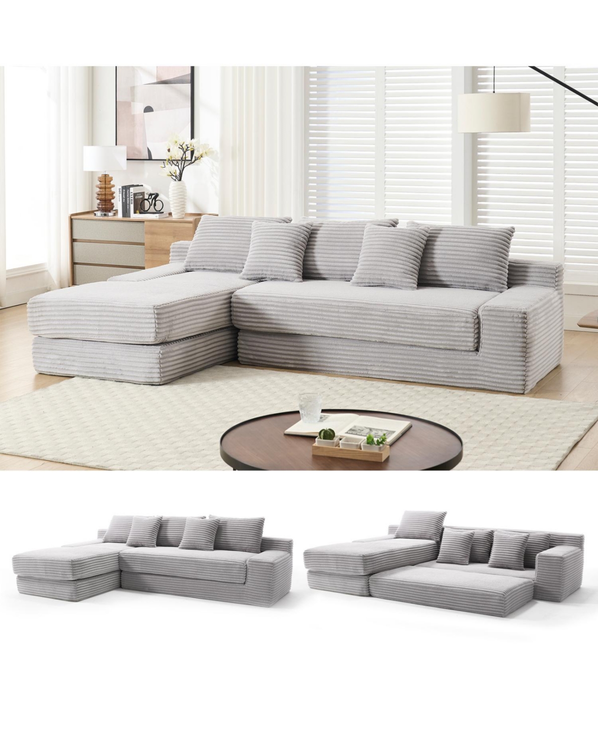 Streamdale Furniture L-Shaped Corduroy Sectional Sofa Bed - Light Gray