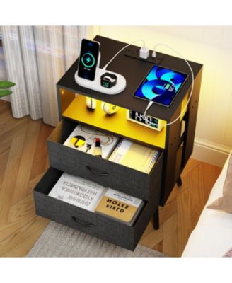 Charging Nightstand with LED & Fabric Drawers