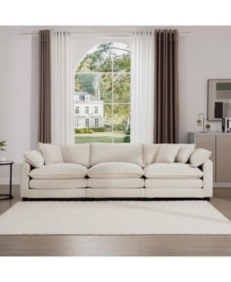 Mid-Century Beige Corduroy 3-Seater Sofa