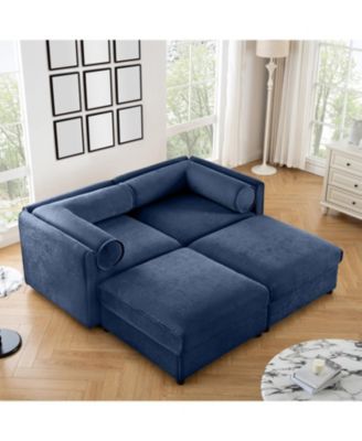 Blue Chenille 2-Seater Sofa with Storage Ottomans