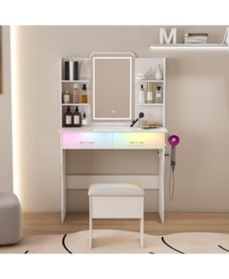 Vanity Desk with LED Lights Mirror, Power Outlet, Drawers & Chair - White