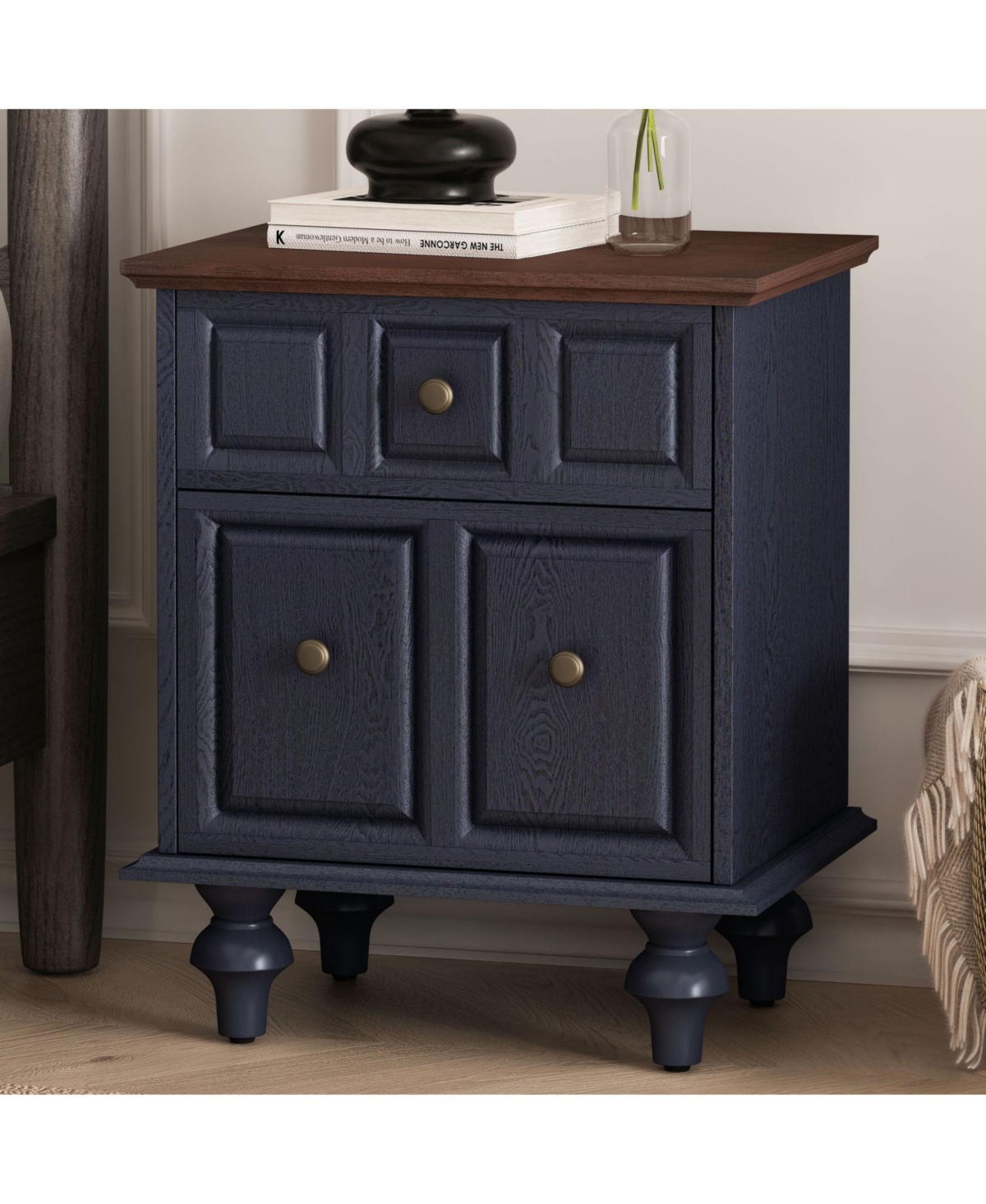 Streamdale Vintage Nightstand 2 Drawer Roman Column Legs Dark Blue
