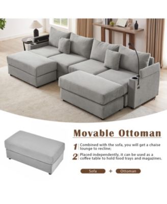 123" Modern Sectional Sofa w/ Storage, Ottomans, USB, Cup & Phone Holders - Grey