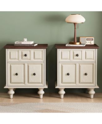 Vintage Nightstand 2 Drawers, Solid Wood, Antique White (Set of 2)