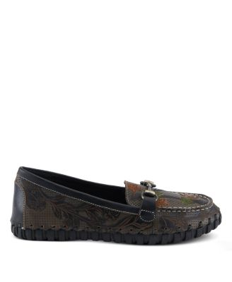 L’Artiste Women’s DELAVIGNE Handpainted Floral Loafers with Gold Bit Accent, Cushioned Insole & Flexible Sole