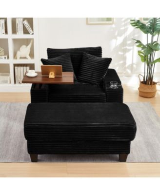 Corduroy Sofa Bed with Ottoman, Bluetooth, USB, Rotating Table