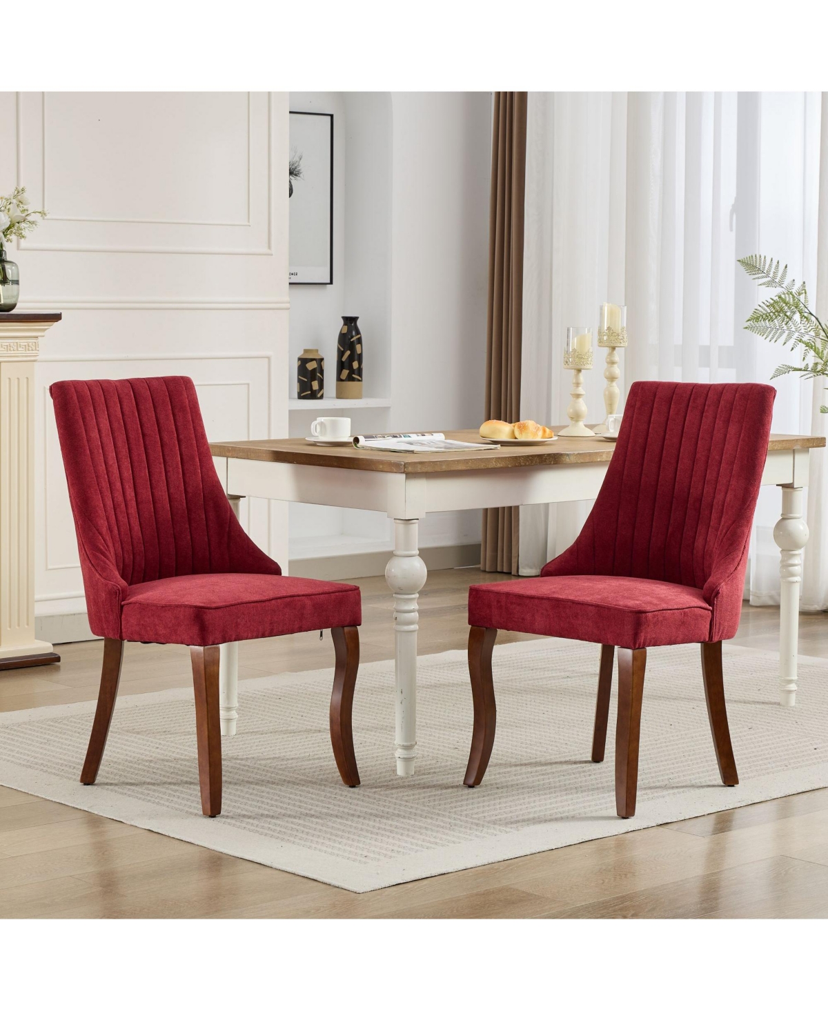 Streamdale Furniture Streamdale Wine Red Flocked Linen Dining Chairs, Set of 2