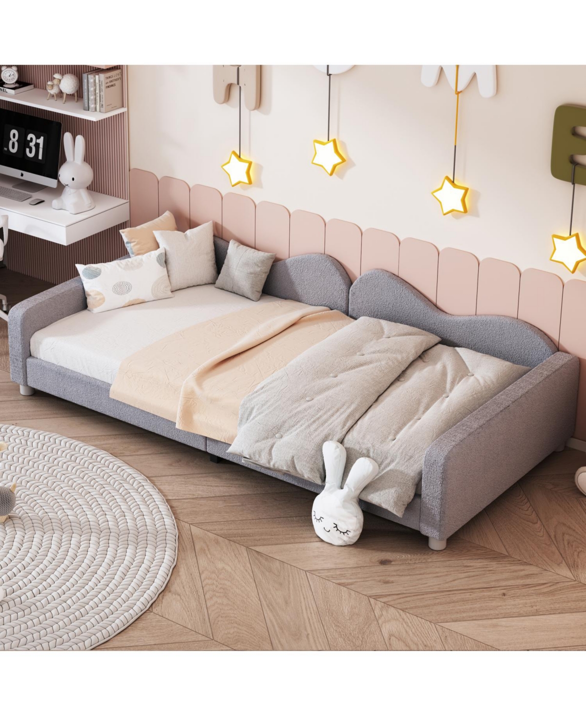 Streamdale Twin Upholstered Daybed, Sherpa Fabric Sofabed with Cloud-Shaped Backrest, No Box-spring Needed, Pink