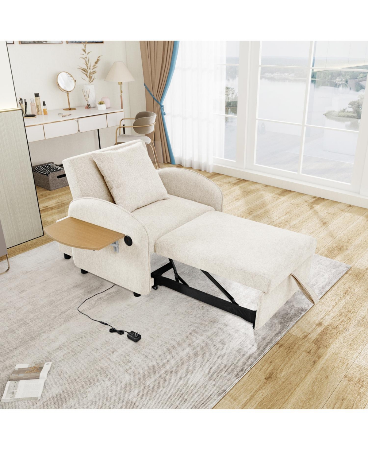 Streamdale Furniture Convertible Chair Bed- 3-in-1 Pull-Out Sofa with Usb & Desk (Creamy White