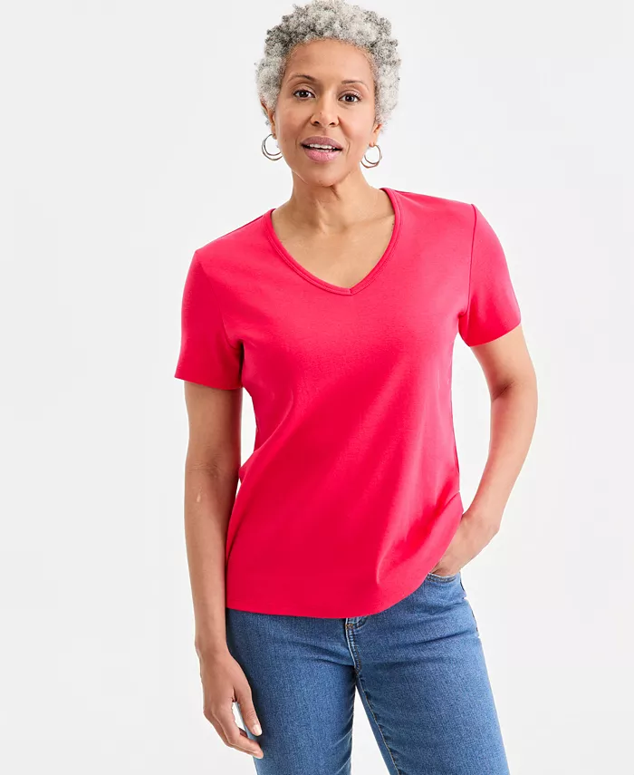 Women's Cotton Short Sleeve V-Neck Top - thumbnail 7