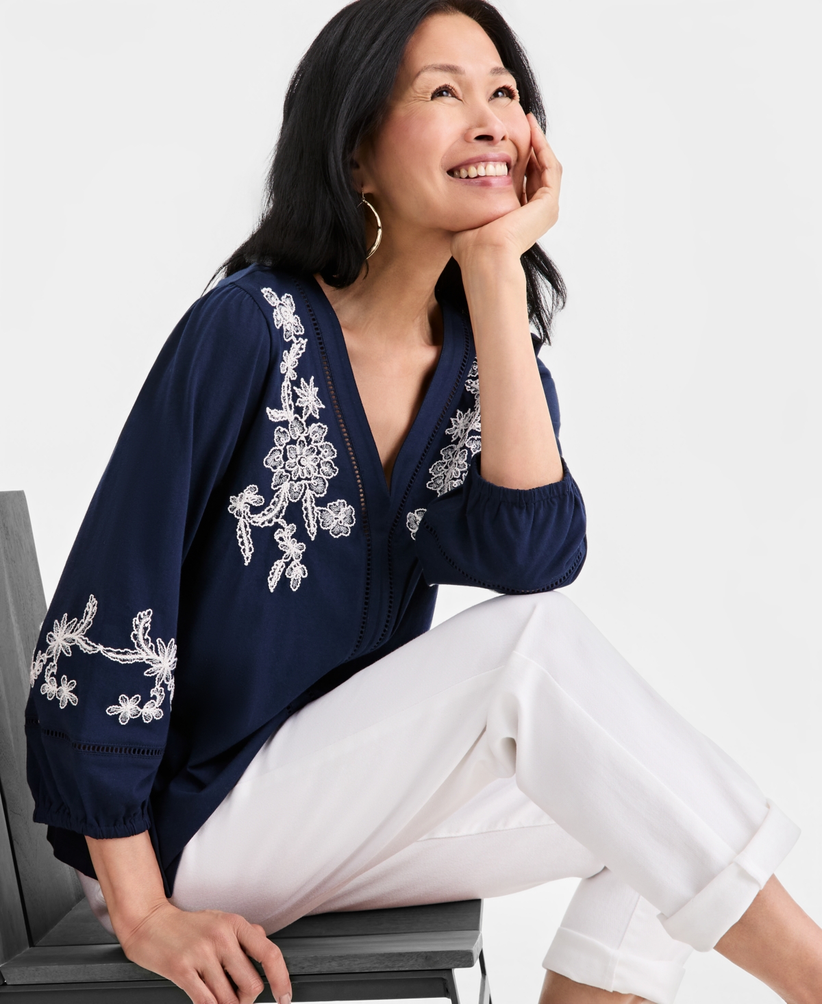 Style & Co Women's Embroidered V-Neck 3/4-Sleeve Top, Macy's Exclusive