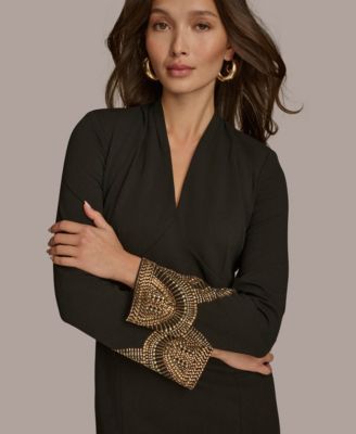 Women's Long Sleeve V-neck Hot Fix Sheath Midi Dress