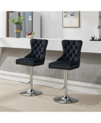 Chrome Swivel Velvet Barstools, Adjustable 25-33", Tufted, Black, Set of 2