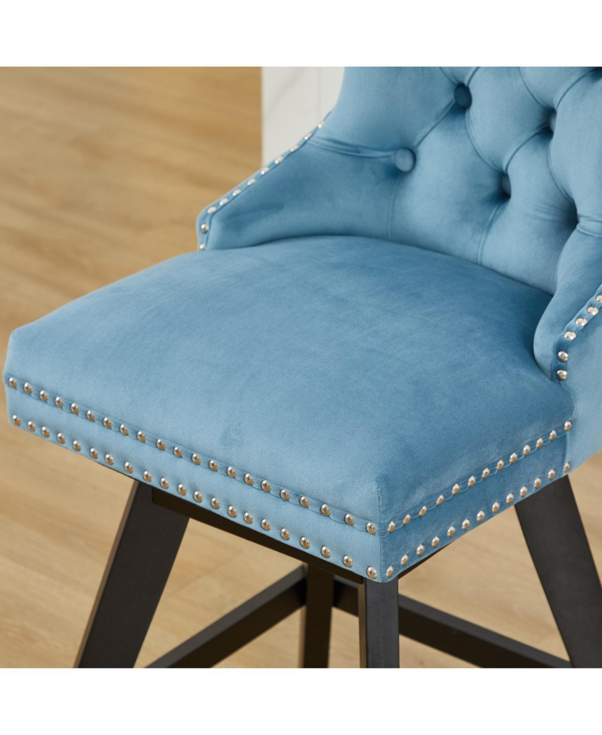 Streamdale Furniture Light Blue Velvet Swivel Bar Stools, Button Tufted, Wood Legs, Set of 2