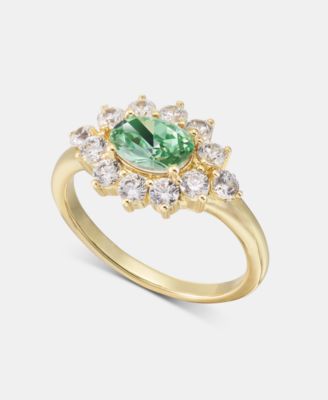 Gold-Tone Green Crystal Oval Halo Ring
