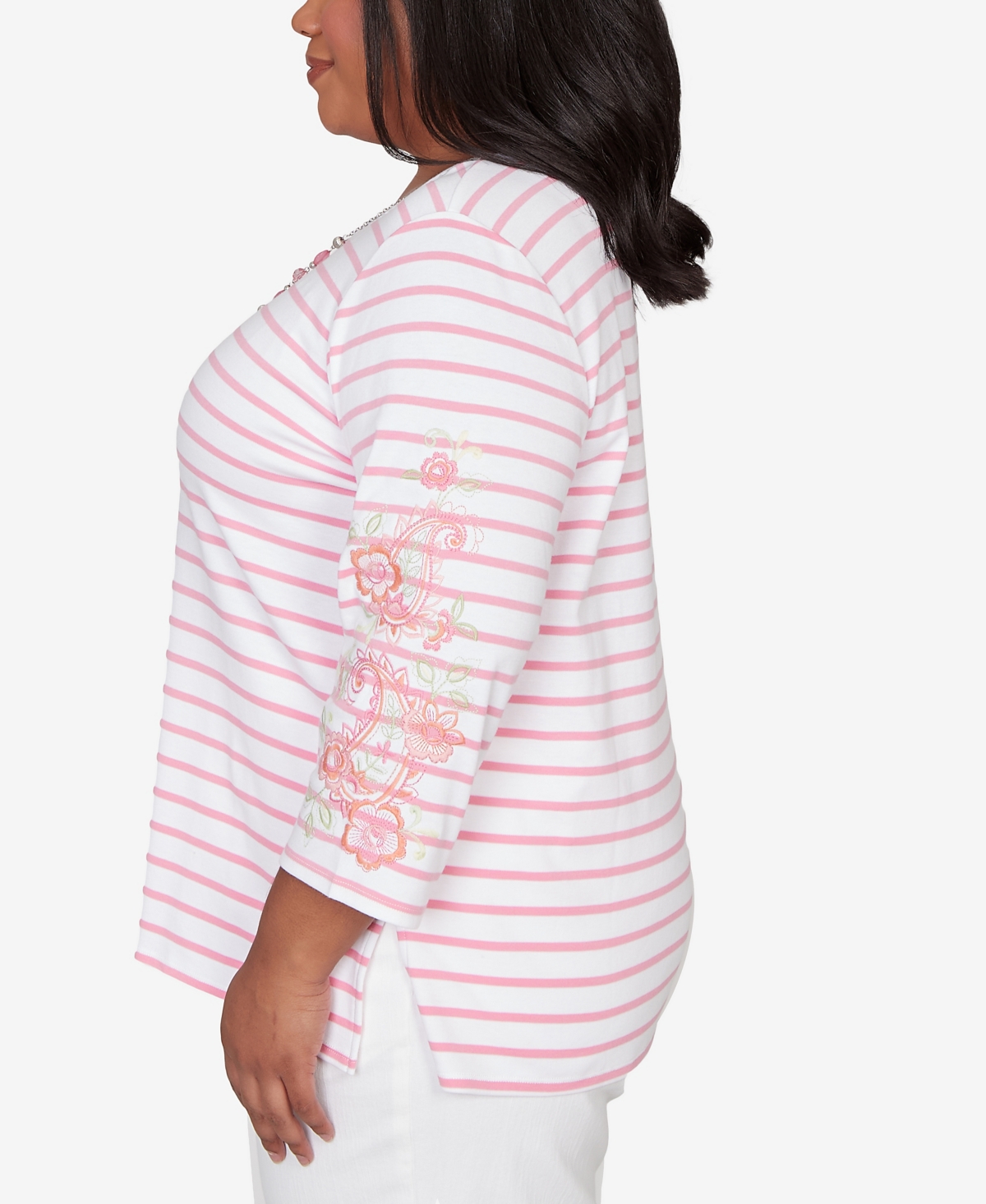 Alfred Dunner Plus Classic Stripe Embroidered Sleeve Top with Necklace