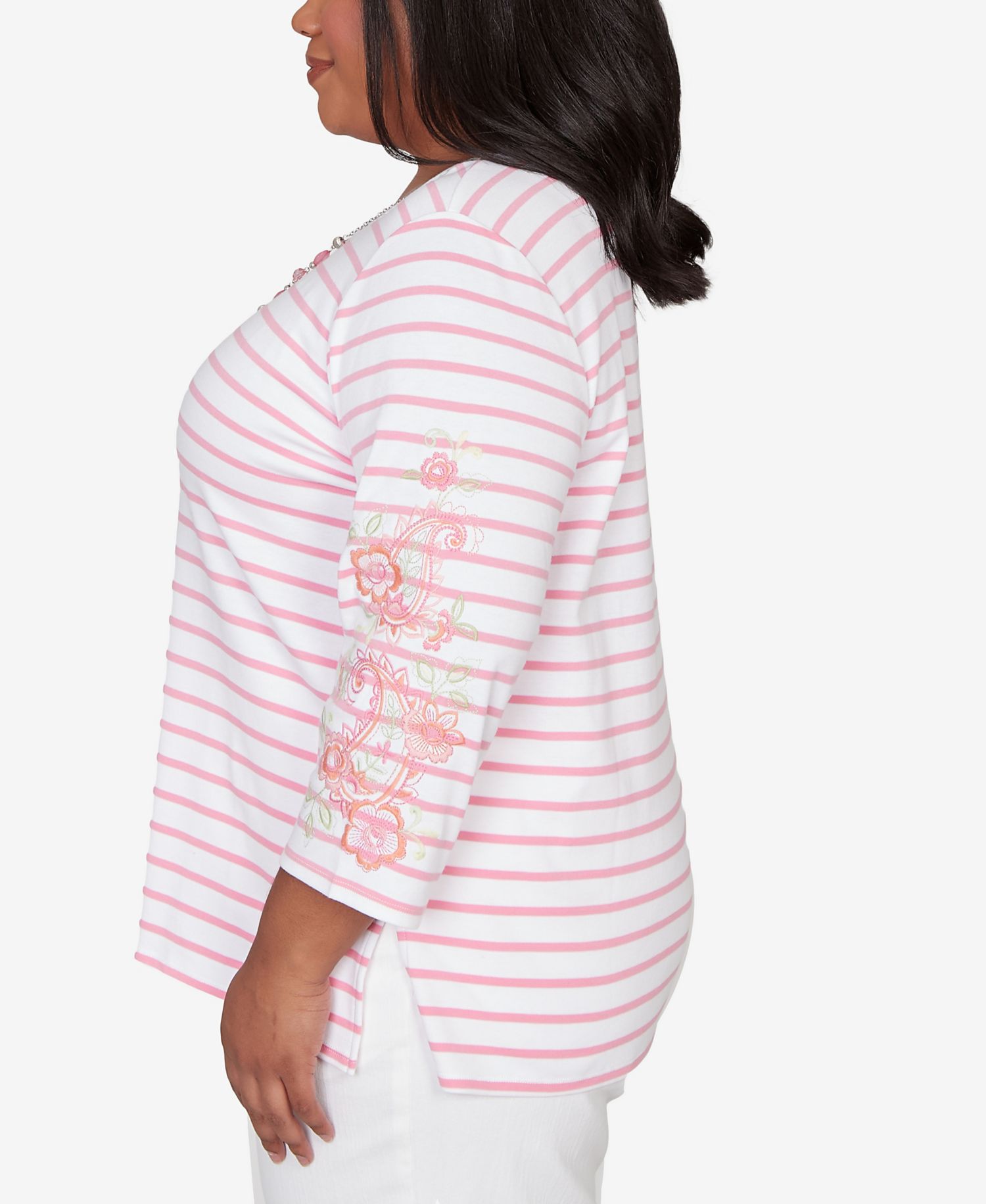 Plus Size Classic Stripe Embroidered Sleeve Top with Necklace