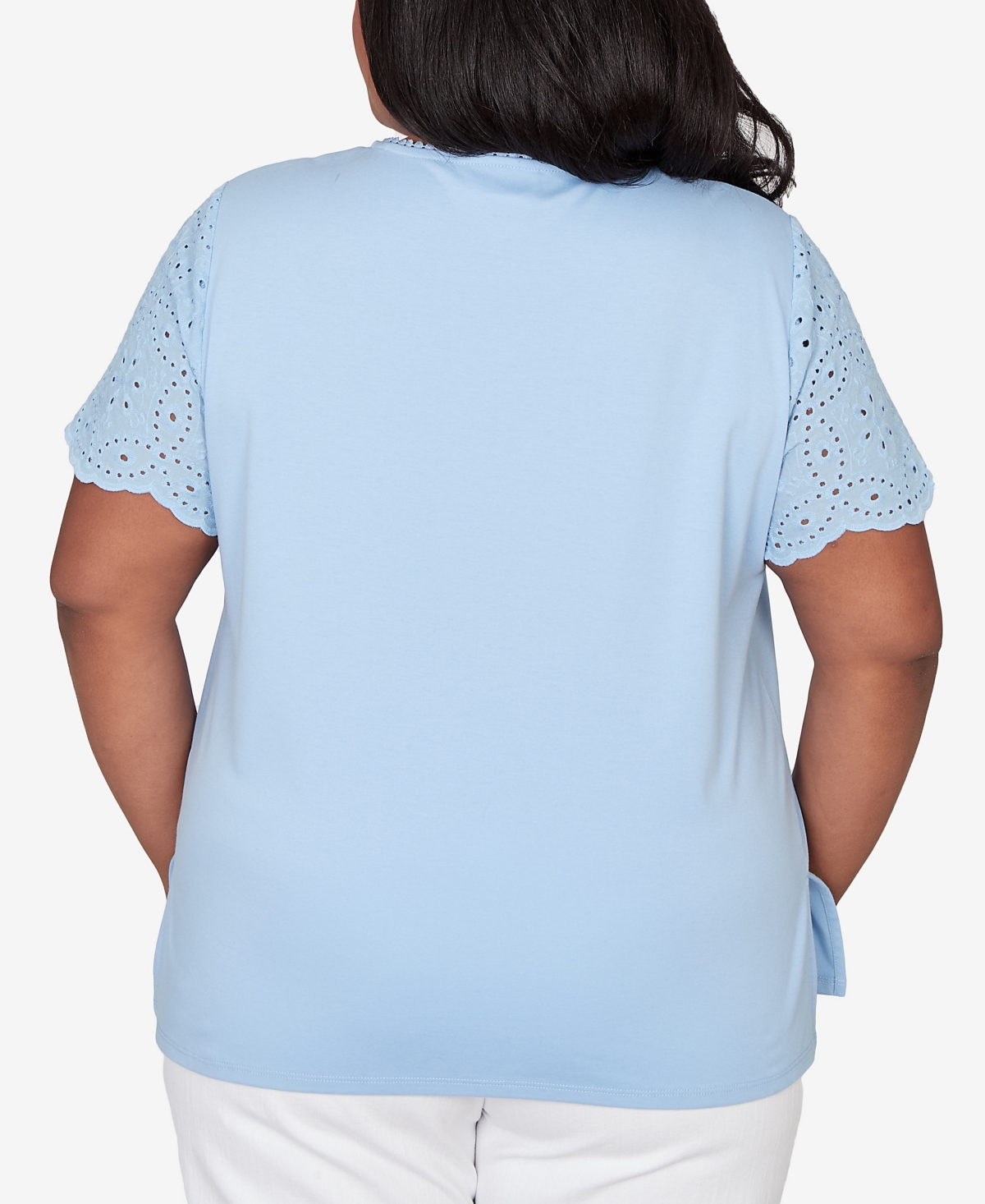 Alfred Dunner Plus Size Classic Solid Eyelet Sleeve T-Shirt with Necklace