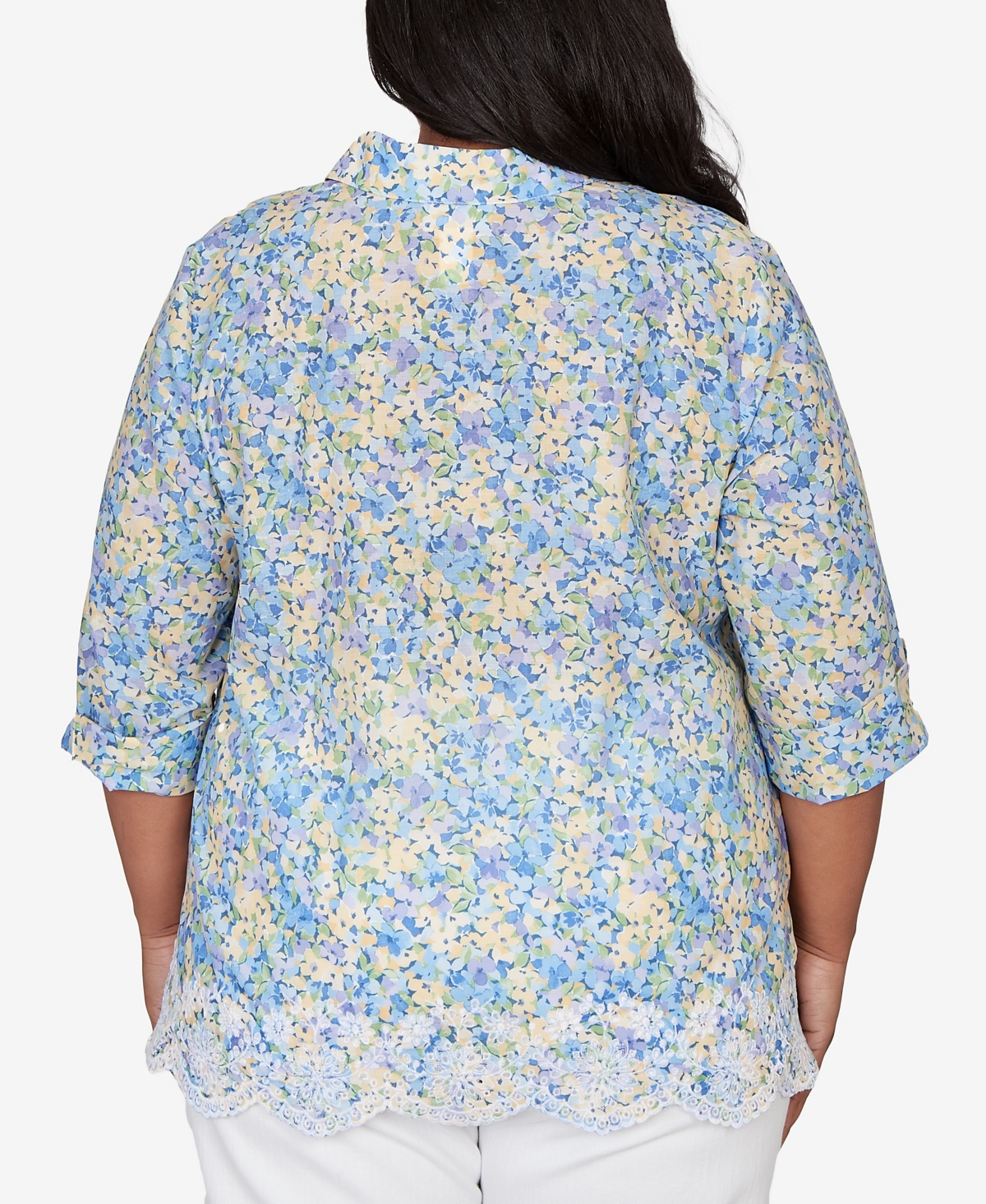 Alfred Dunner Plus Classic Embroidered Floral Border Button Down Top