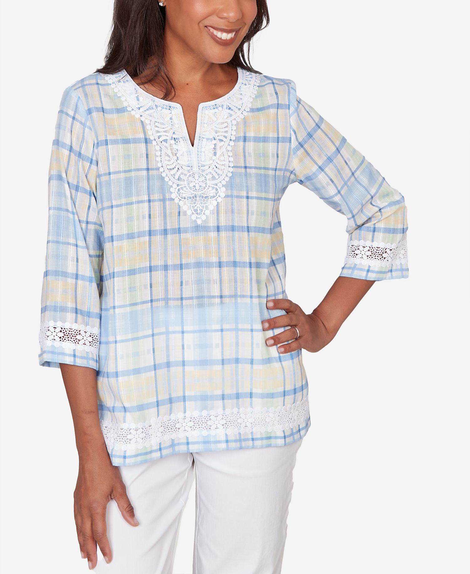 Plus Size Classic Plaid Embellished Lace Top
