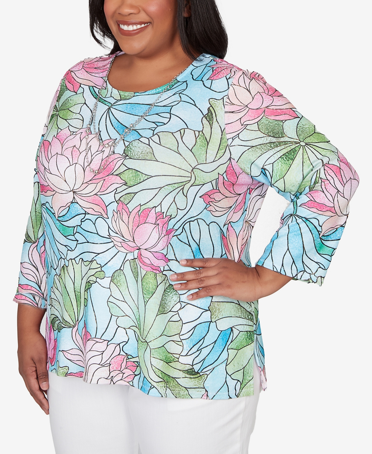 Alfred Dunner Plus Classic Stained Glass Floral Print Top with Necklace