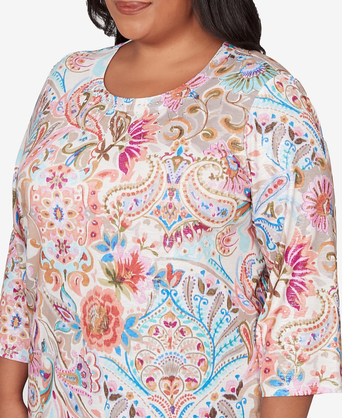 Alfred Dunner Plus Classic Paisley Floral Pleated Neck Top