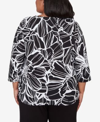 Plus Size Classic Floral Linework Side Tie Ruched Top