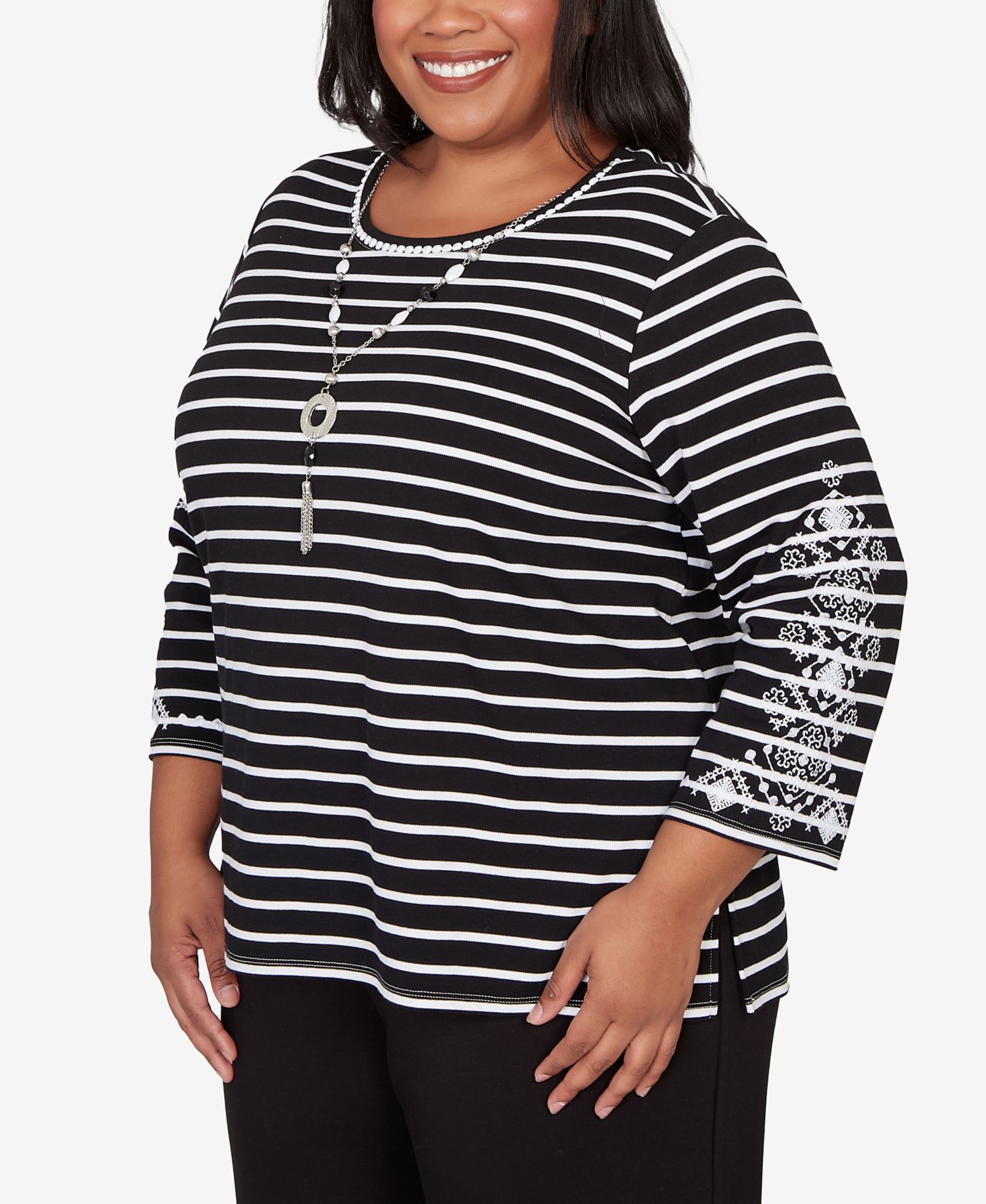 Plus Size Classic Pinstripe Embroidered Sleeve Top with Necklace