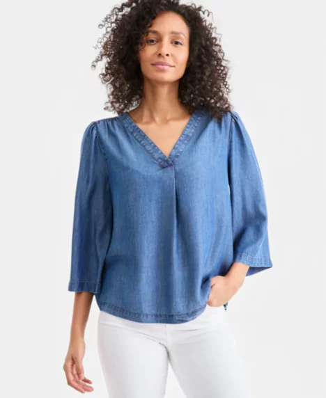 Petite V-Neck Bell Sleeve Top - Chambray