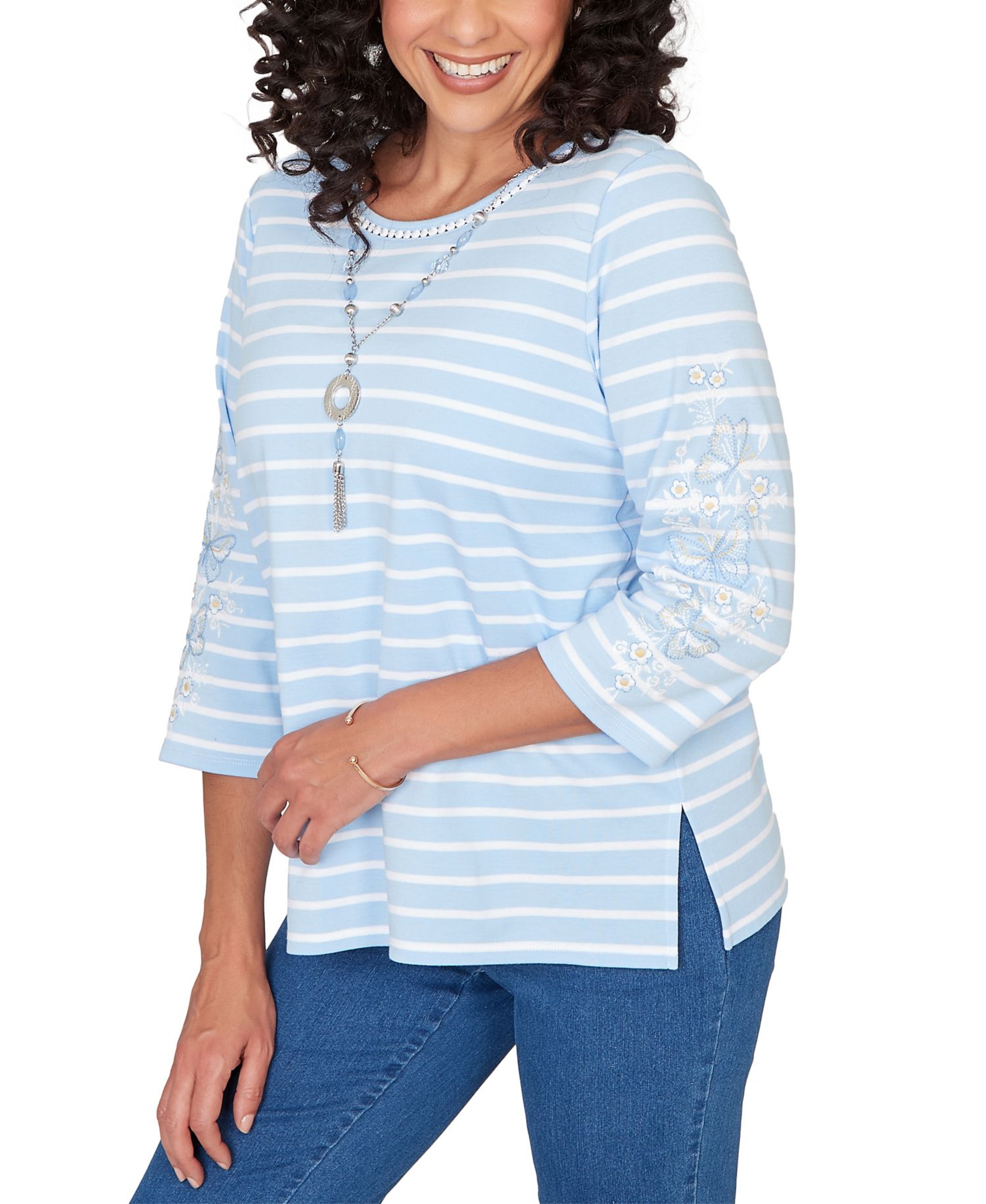 Women's Classic Stripe Cornflower Embroidered Sleeve Top with Necklace