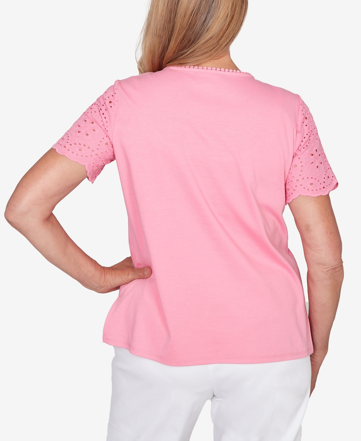 Alfred Dunner Women's Classic Solid Eyelet Sleeve T-Shirt with Necklace