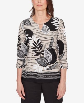 Women's Classic Tropical Leaf Border Print Split Neck Top