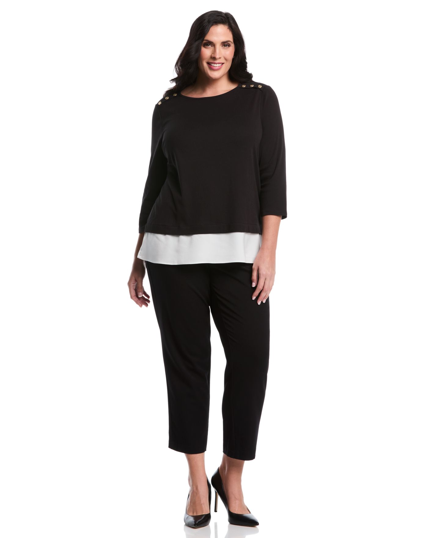 Женский топ Rafaella Plus Size Plus Size Rivet Detail Mixed Media Layered 3/4 Sleeve, цвет: Чёрный — фото 2
