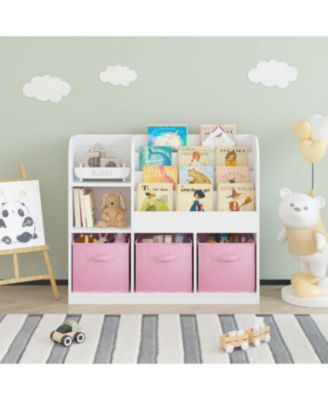 White/Pink Kids Bookcase with 3 Collapsible Fabric Drawers for Bedroom